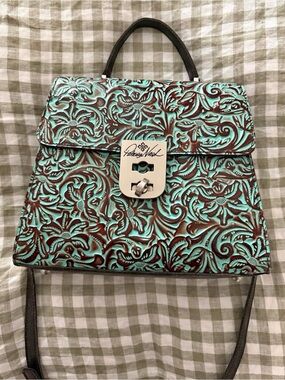 Patricia Nash Turquoise and Brown Tooled Leather Satchel